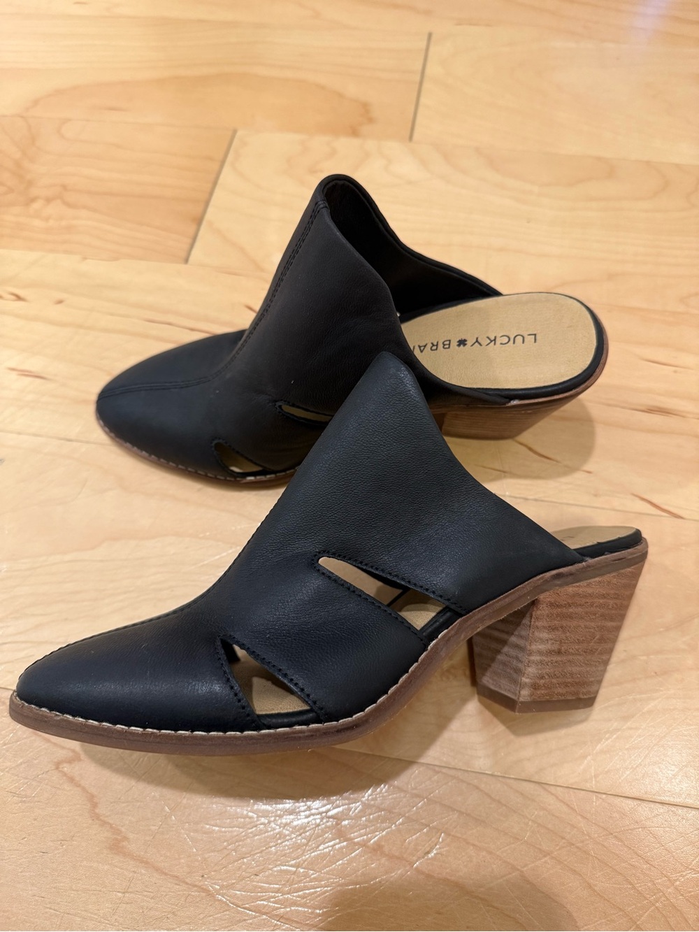 Lucky Brand Black Leather Cutout Block Heel Mules